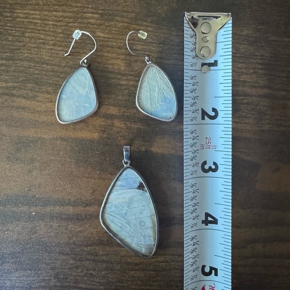 Costa Rican Butterfly Wing Iridescent Silver Earring and Pendant SET - Picture 5 of 7